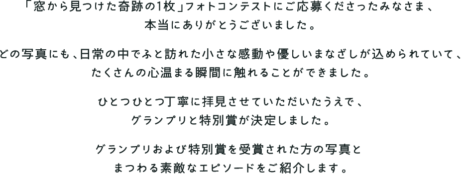 「窓から見つけた奇跡の1枚」フォトコンテストにご応募くださったみなさま、本当にありがとうございました。どの写真にも、日常の中でふと訪れた小さな感動や優しいまなざしが込められていて、たくさんの心温まる瞬間に触れることができました。ひとつひとつ丁寧に拝見させていただいたうえで、グランプリと特別賞が決定しました。グランプリおよび特別賞を受賞された方の写真とまつわる素敵なエピソードをご紹介します。